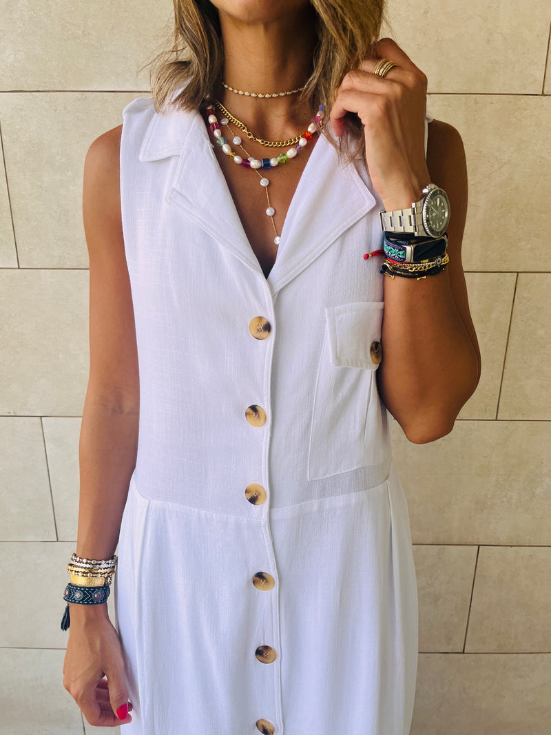 White Sleeveless Linen City Dress