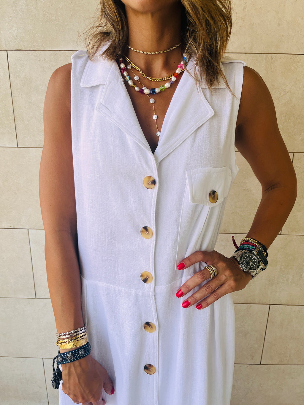 White Sleeveless Linen City Dress