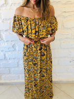 Mustard Print Bardot Dress