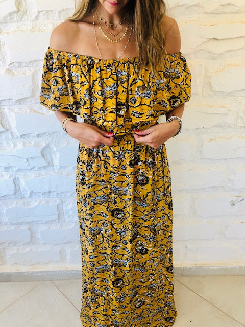 Mustard Print Bardot Dress