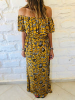 Mustard Print Bardot Dress