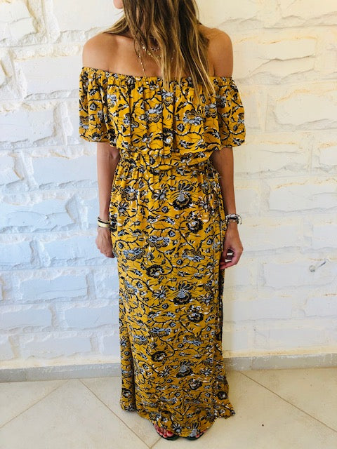 Mustard Print Bardot Dress