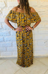 Mustard Print Bardot Dress
