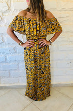 Mustard Print Bardot Dress
