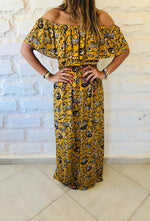 Mustard Print Bardot Dress