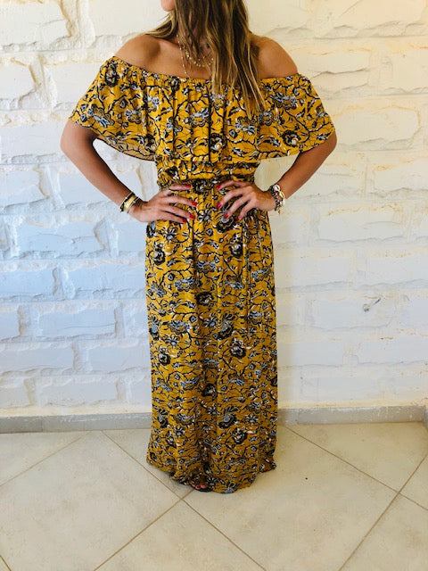 Mustard Print Bardot Dress