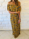 Mustard Print Bardot Dress