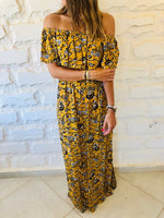 Mustard Print Bardot Dress