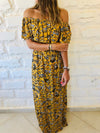 Mustard Print Bardot Dress