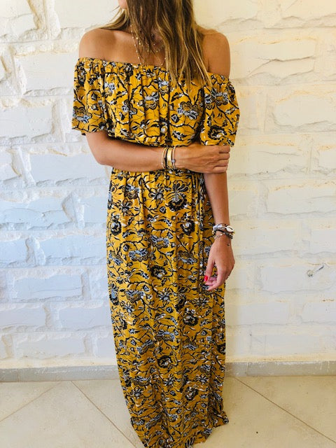 Mustard Print Bardot Dress