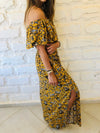 Mustard Print Bardot Dress