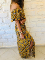 Mustard Print Bardot Dress