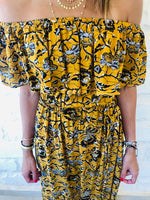 Mustard Print Bardot Dress