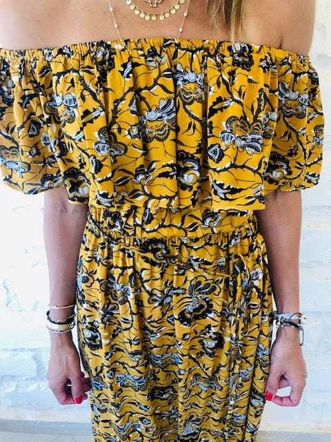 Mustard Print Bardot Dress