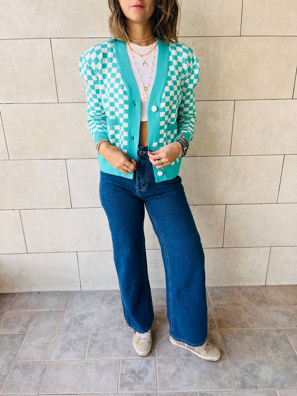 Turquoise Lets Play Chess Cropped Cardigan