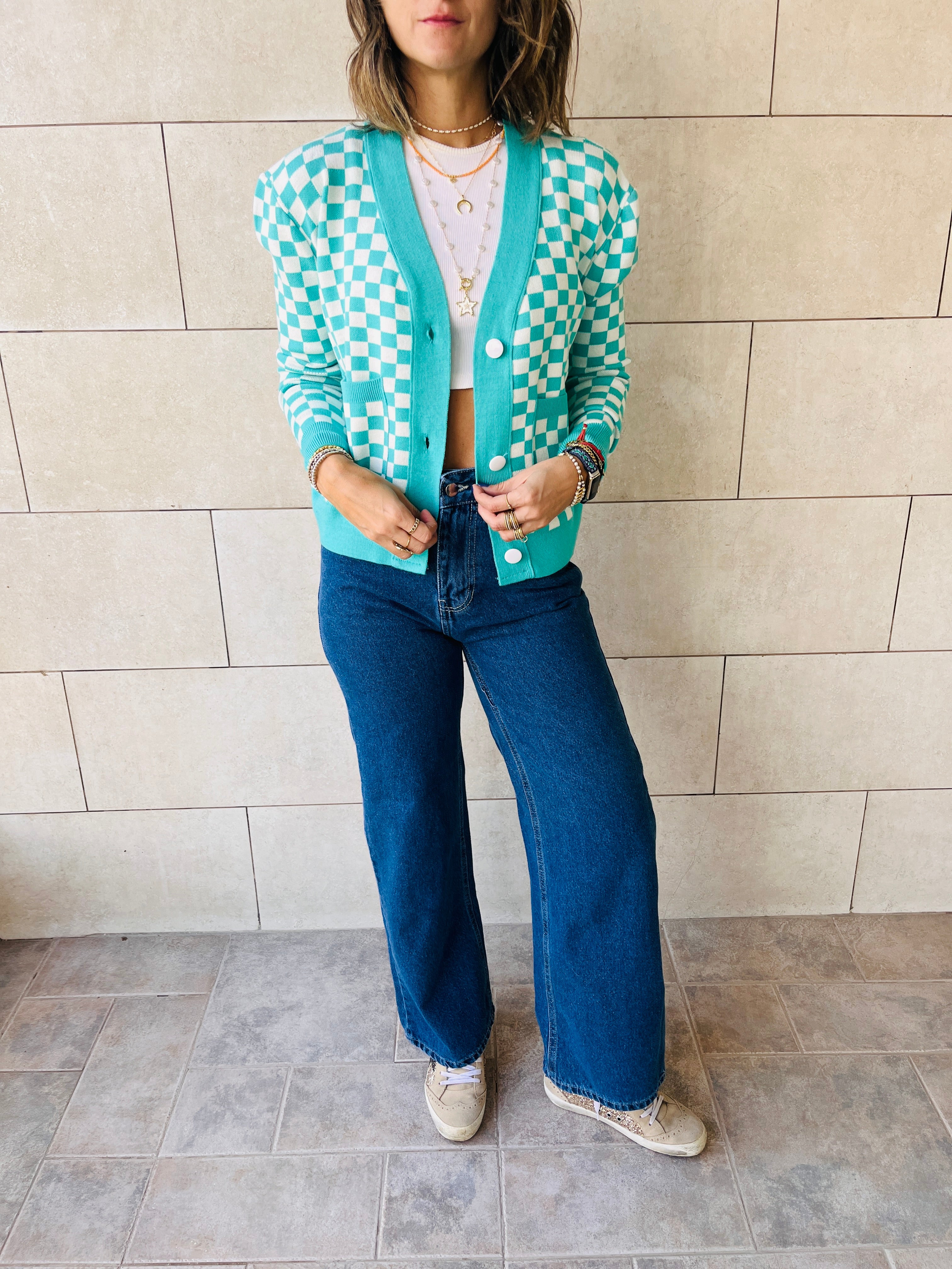 Turquoise Lets Play Chess Cropped Cardigan