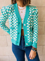 Turquoise Lets Play Chess Cropped Cardigan