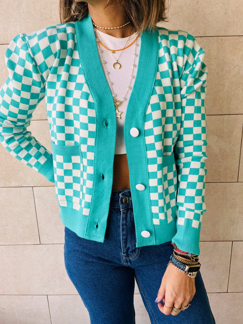 Turquoise Lets Play Chess Cropped Cardigan