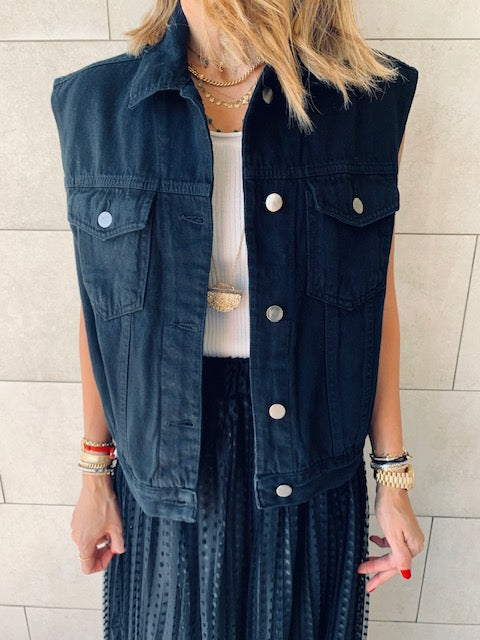 Black Denim Cropped Vest