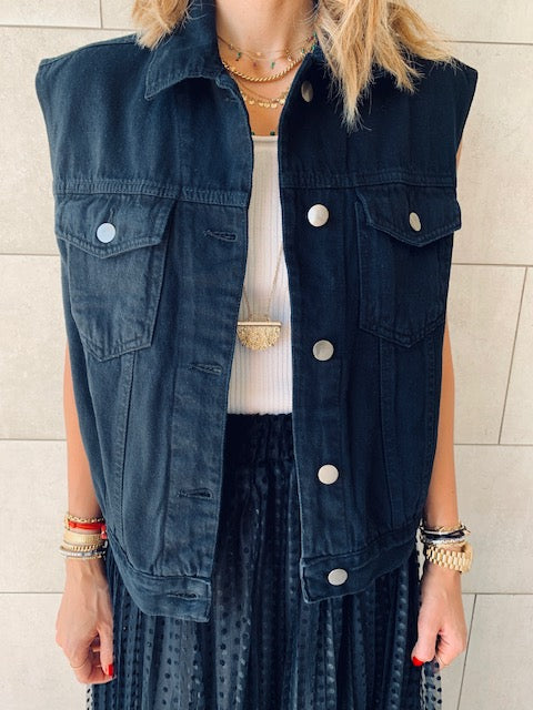 Black Denim Cropped Vest
