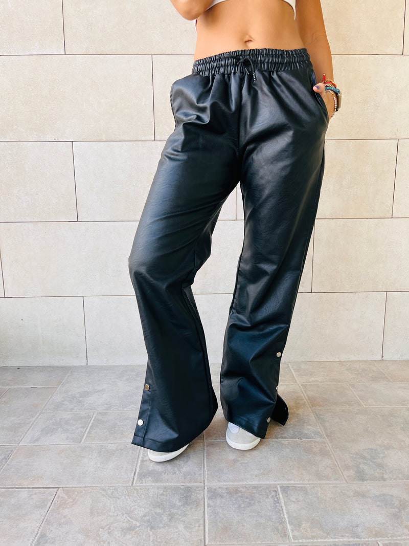 Black Leather Slit Sweat Flare