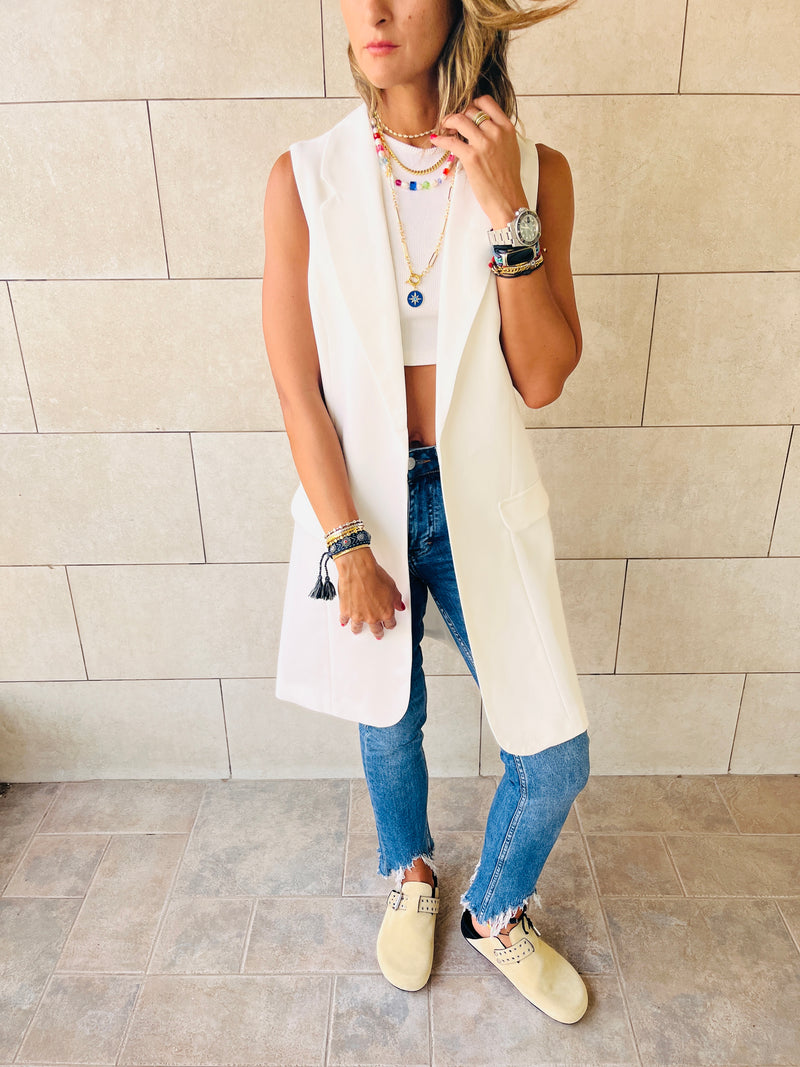 White Sleeveless Blazer Vest