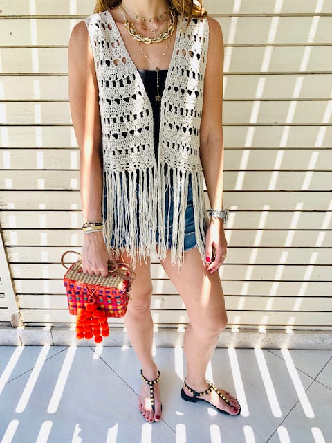 Cropped Crochet Tassel Vest