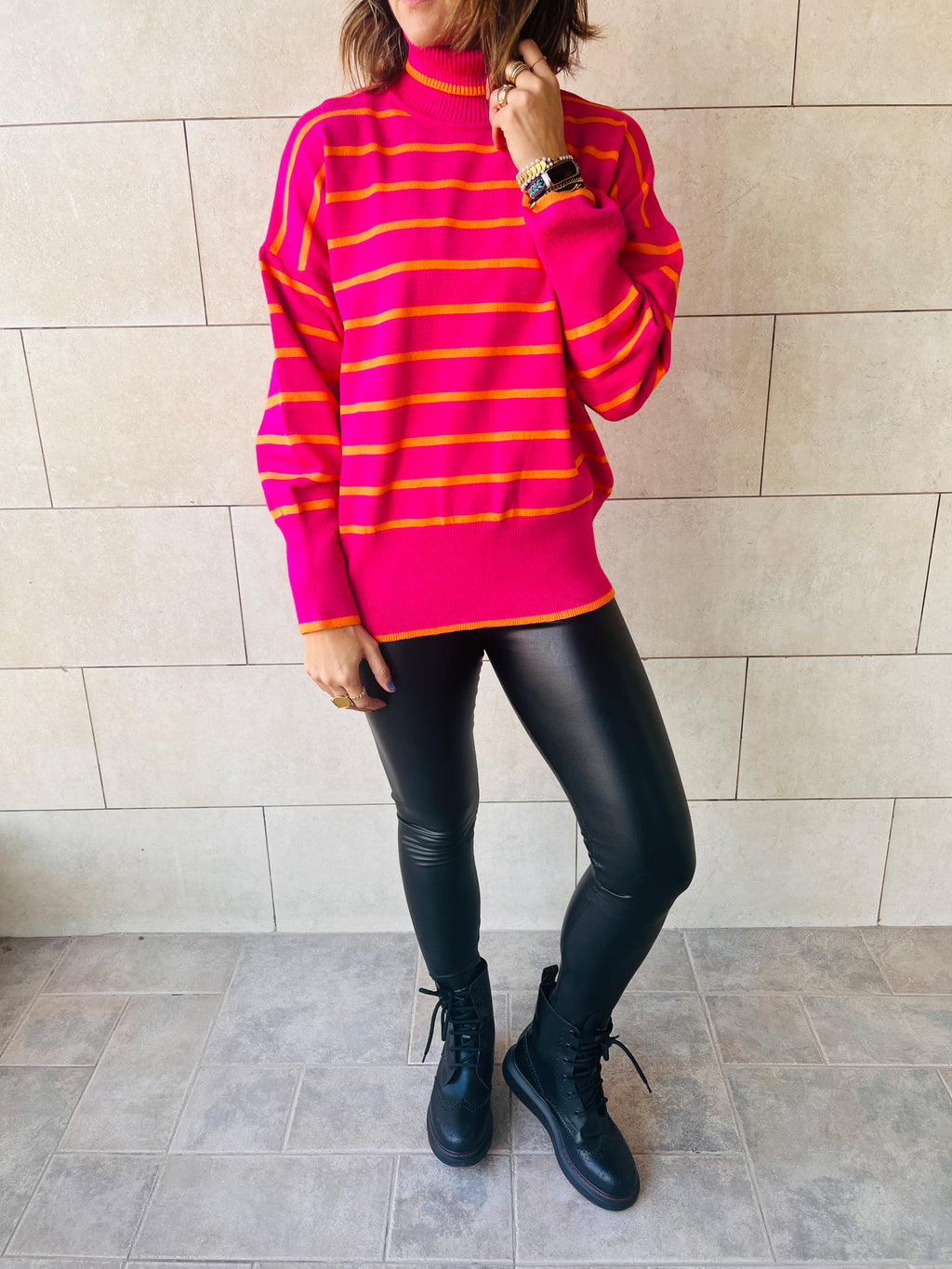 Fuchsia High Neck Candy Cane Sweater
