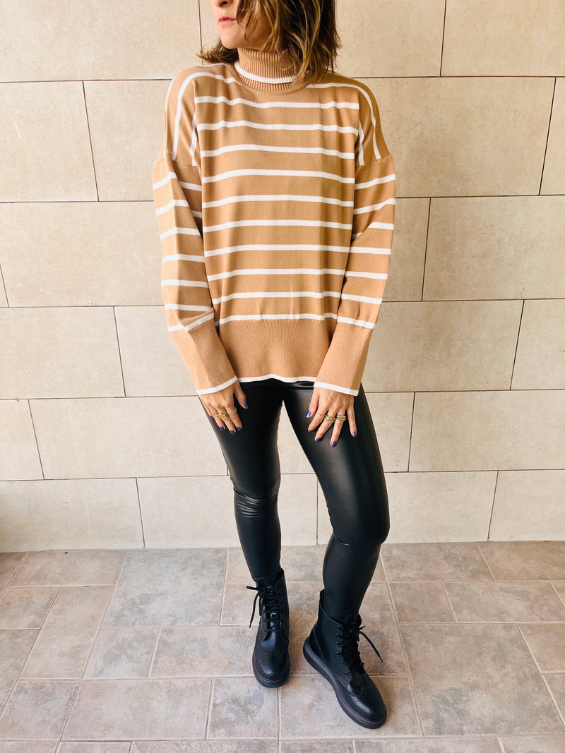 Beige High Neck Candy Cane Sweater