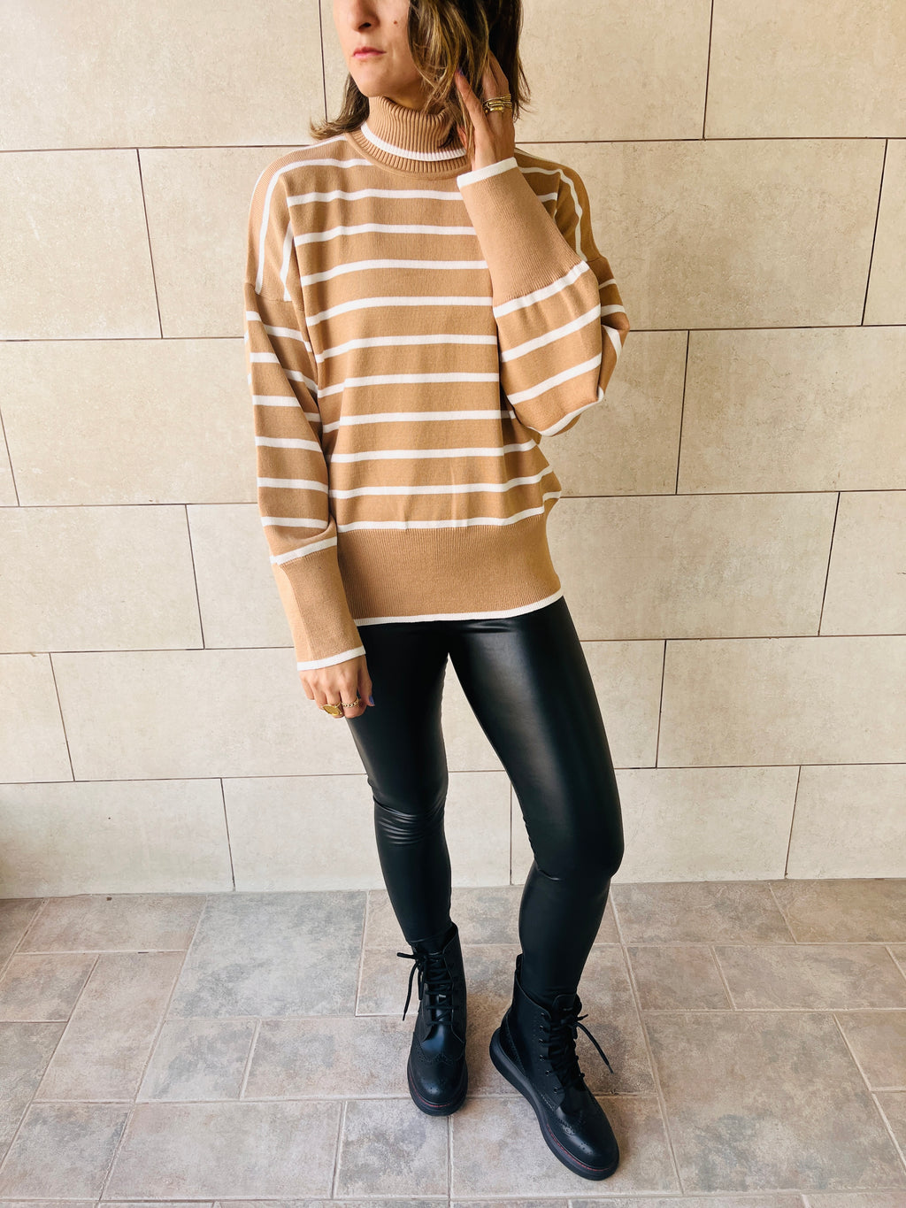 Beige High Neck Candy Cane Sweater