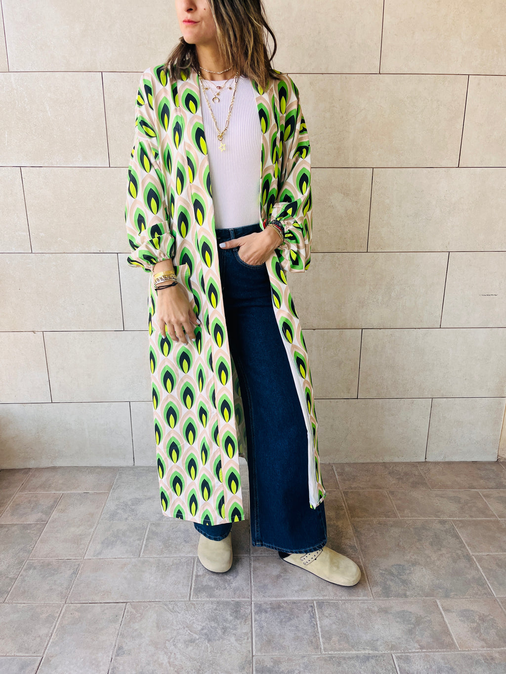 Green Retro Get Happy Printed Kimono