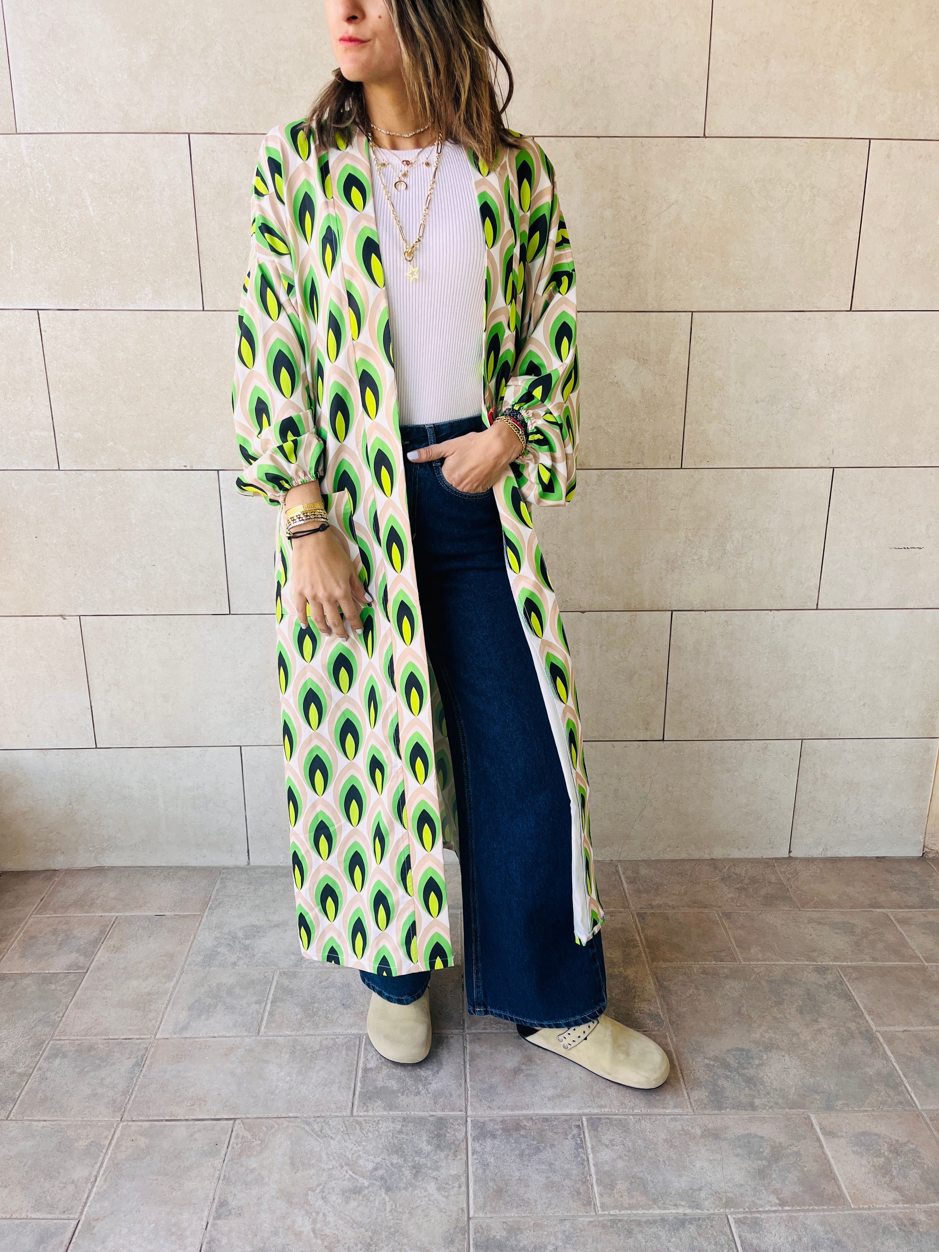 Green Retro Get Happy Printed Kimono