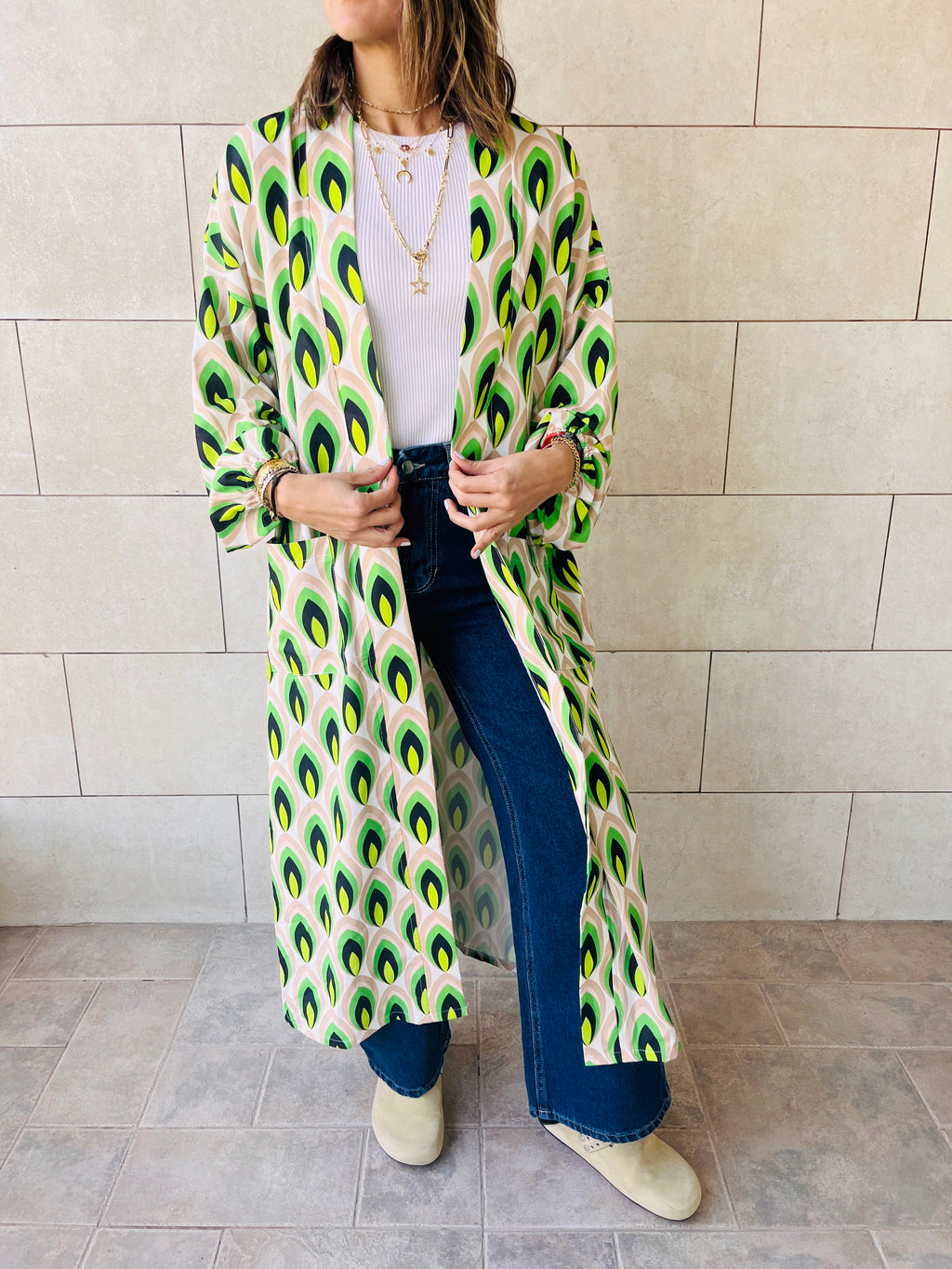 Green Retro Get Happy Printed Kimono