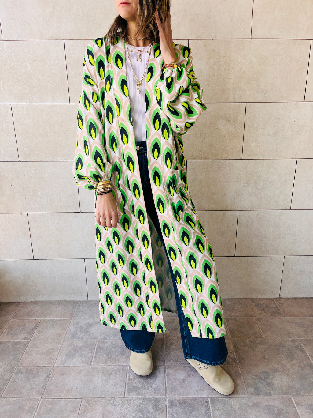 Green Retro Get Happy Printed Kimono