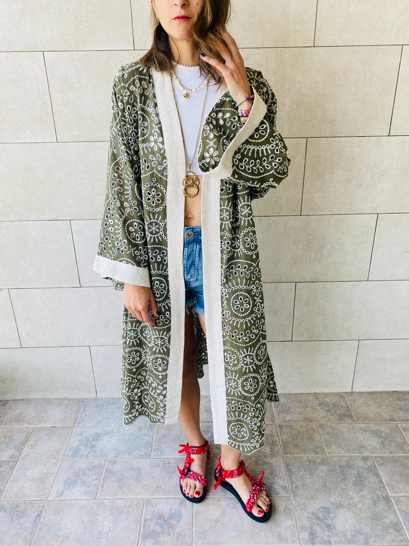 Olive Embroidered Kimono