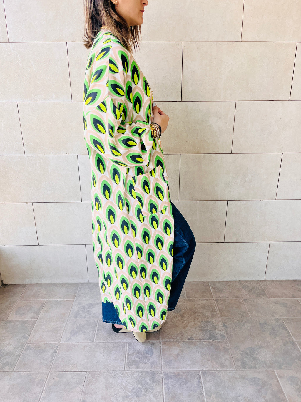 Green Retro Get Happy Printed Kimono