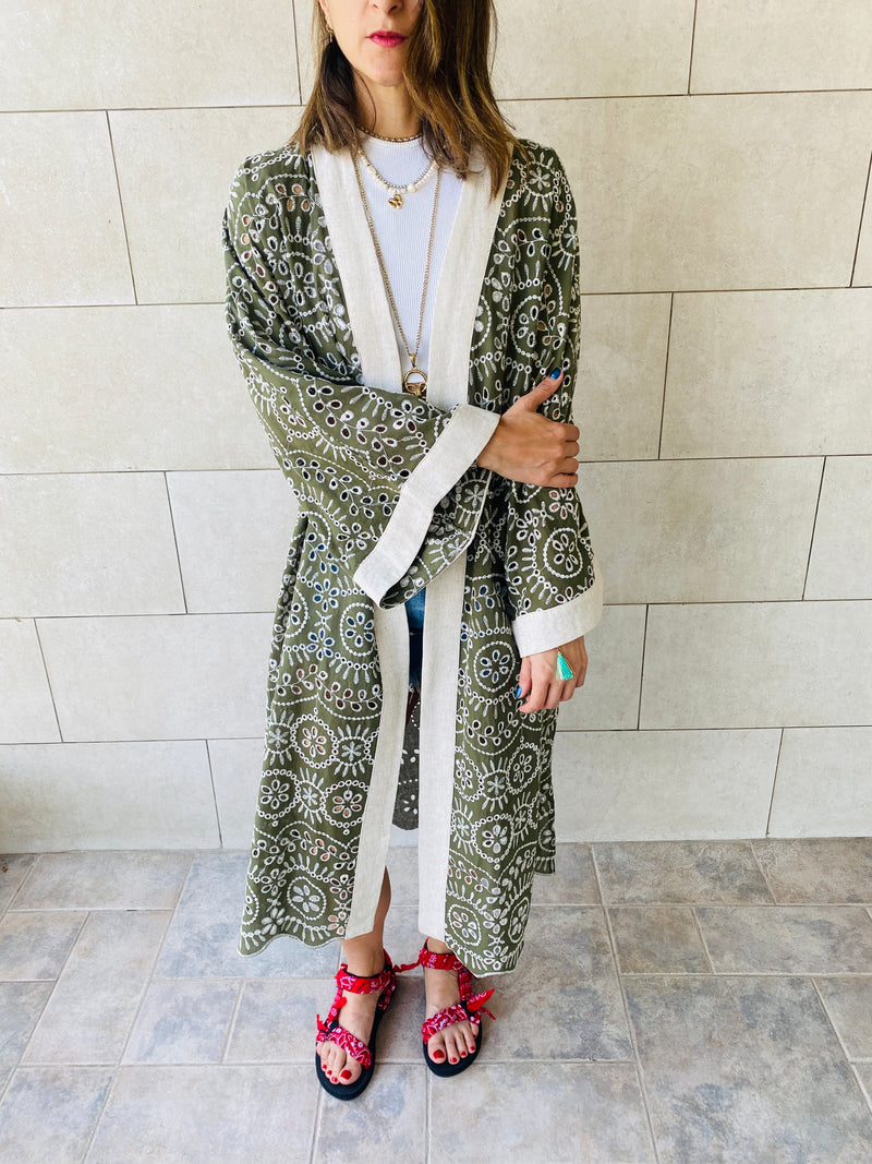 Olive Embroidered Kimono