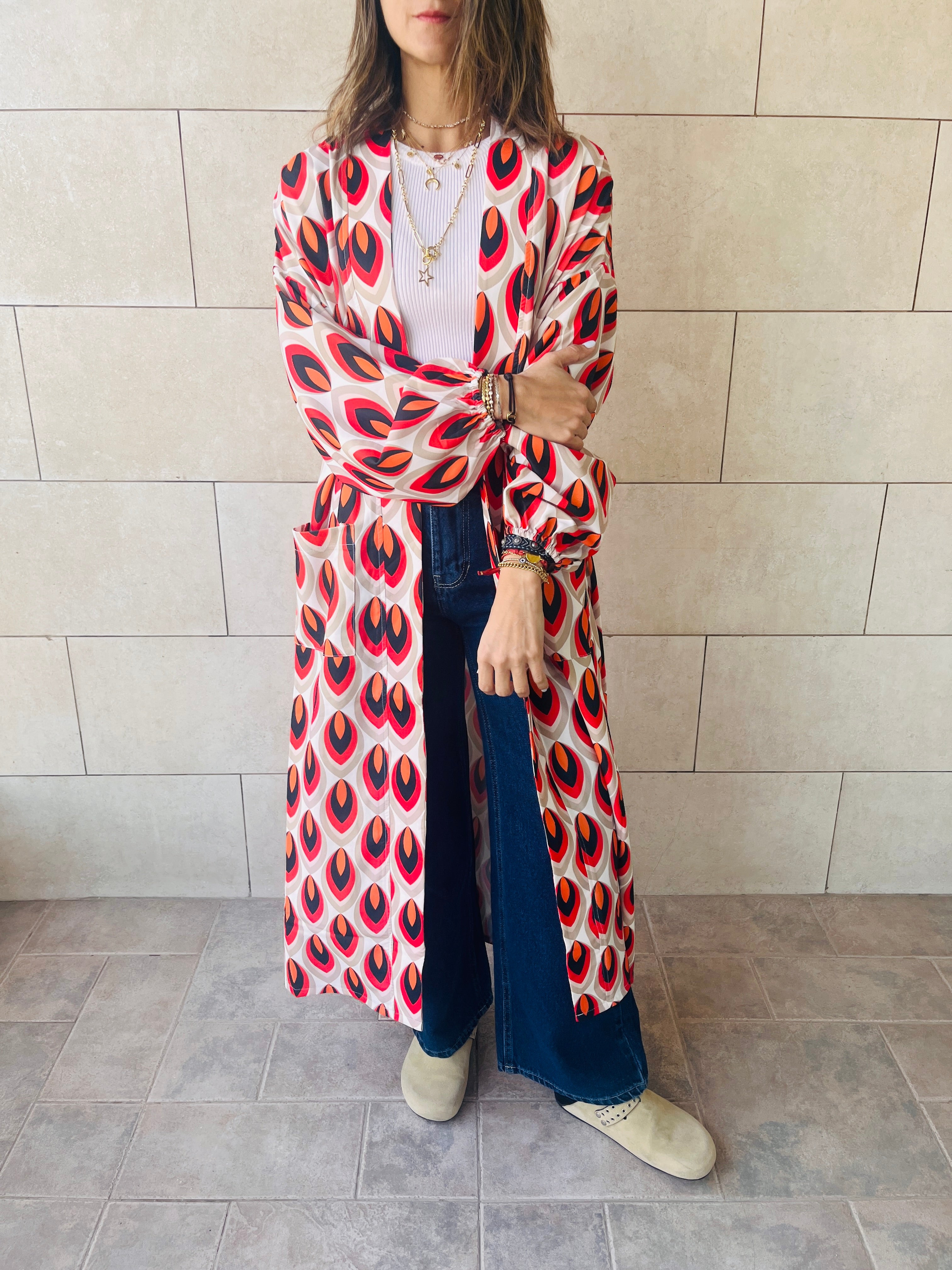 Red Retro Get Happy Printed Kimono
