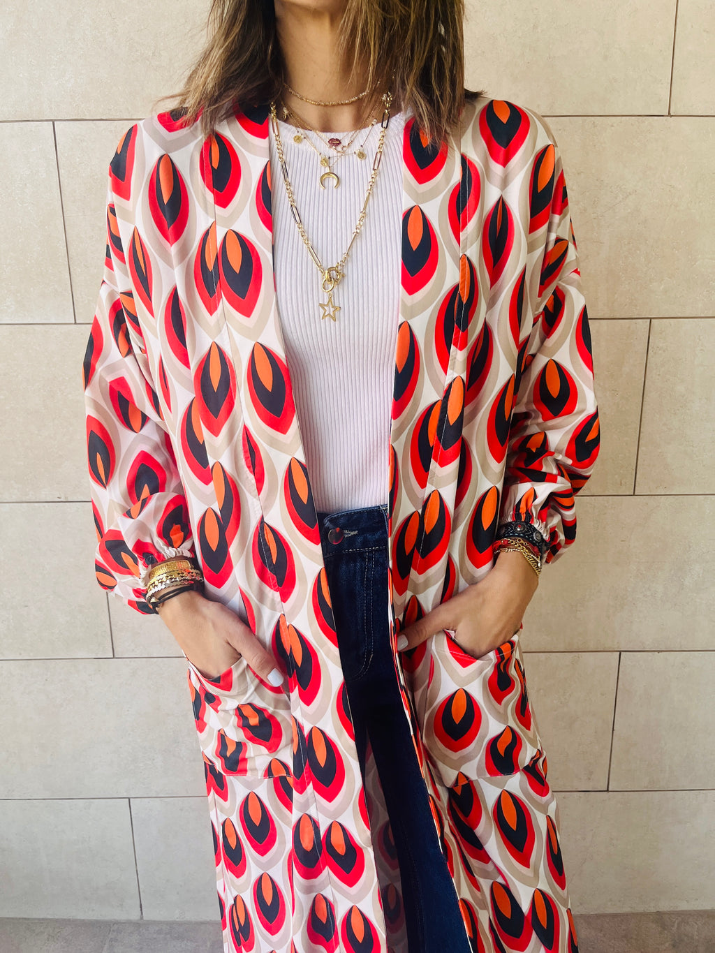 Red Retro Get Happy Printed Kimono