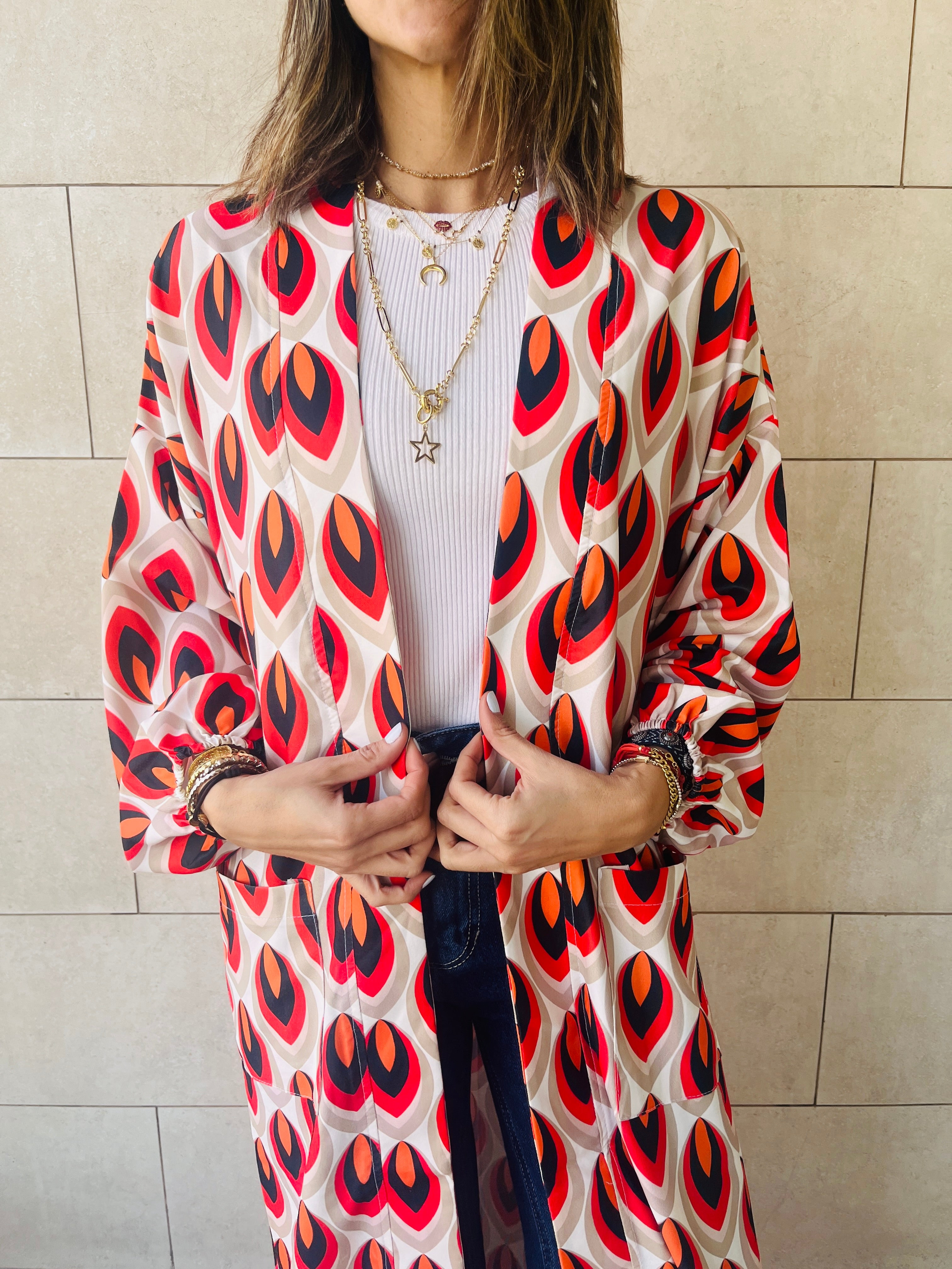 Red Retro Get Happy Printed Kimono