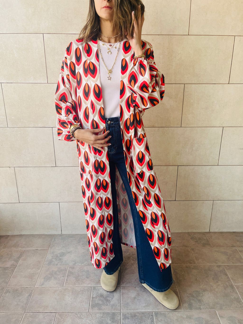 Red Retro Get Happy Printed Kimono
