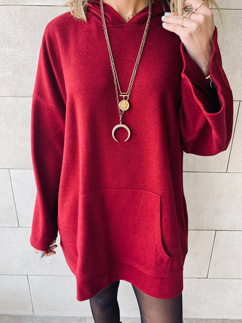 Burgundy Uptown LongLine Knit Hoodie