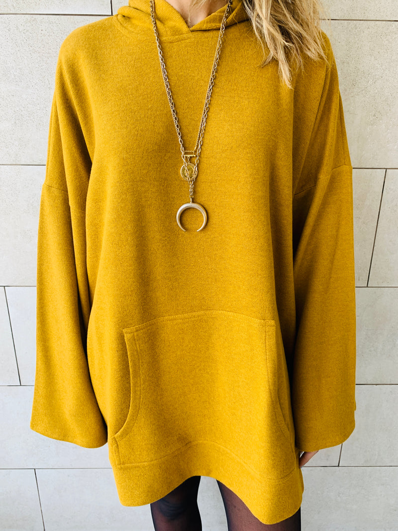 Mustard Uptown LongLine Knit Hoodie