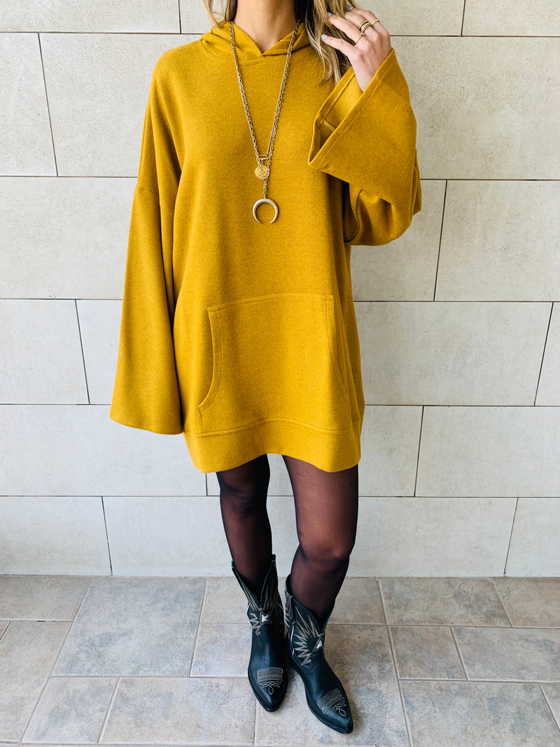 Mustard Uptown LongLine Knit Hoodie