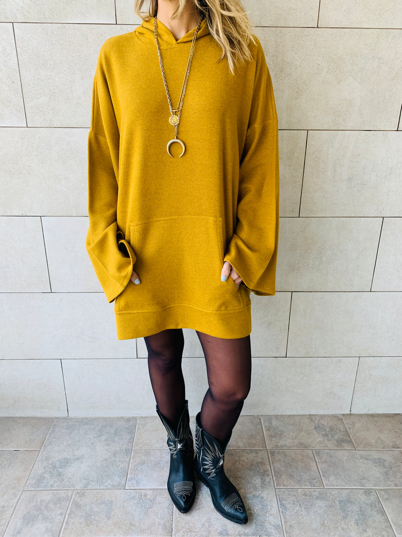 Mustard Uptown LongLine Knit Hoodie