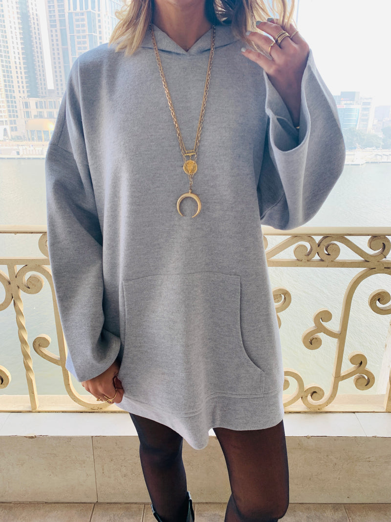 Grey Uptown Longline Knit Hoodie