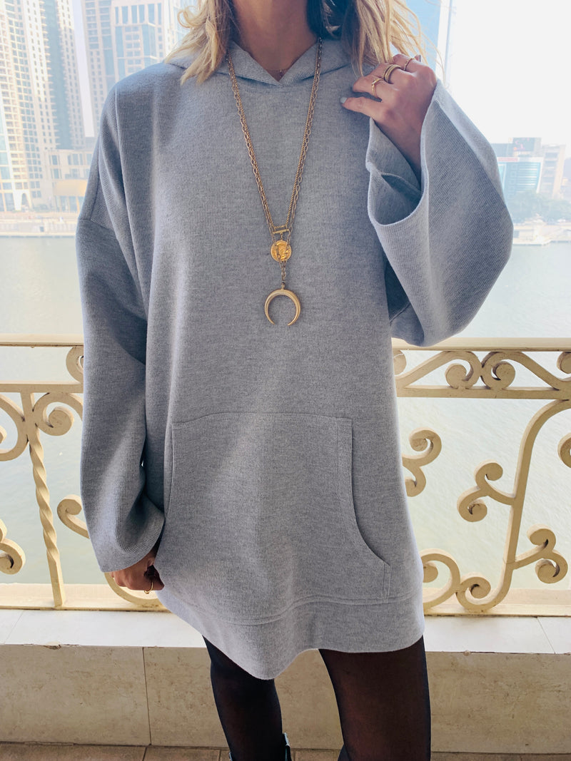 Grey Uptown Longline Knit Hoodie