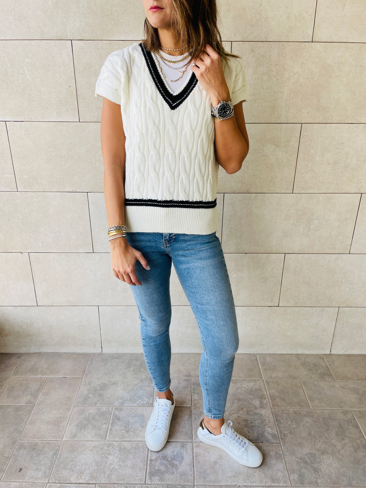 White Preppy V Knit Vest