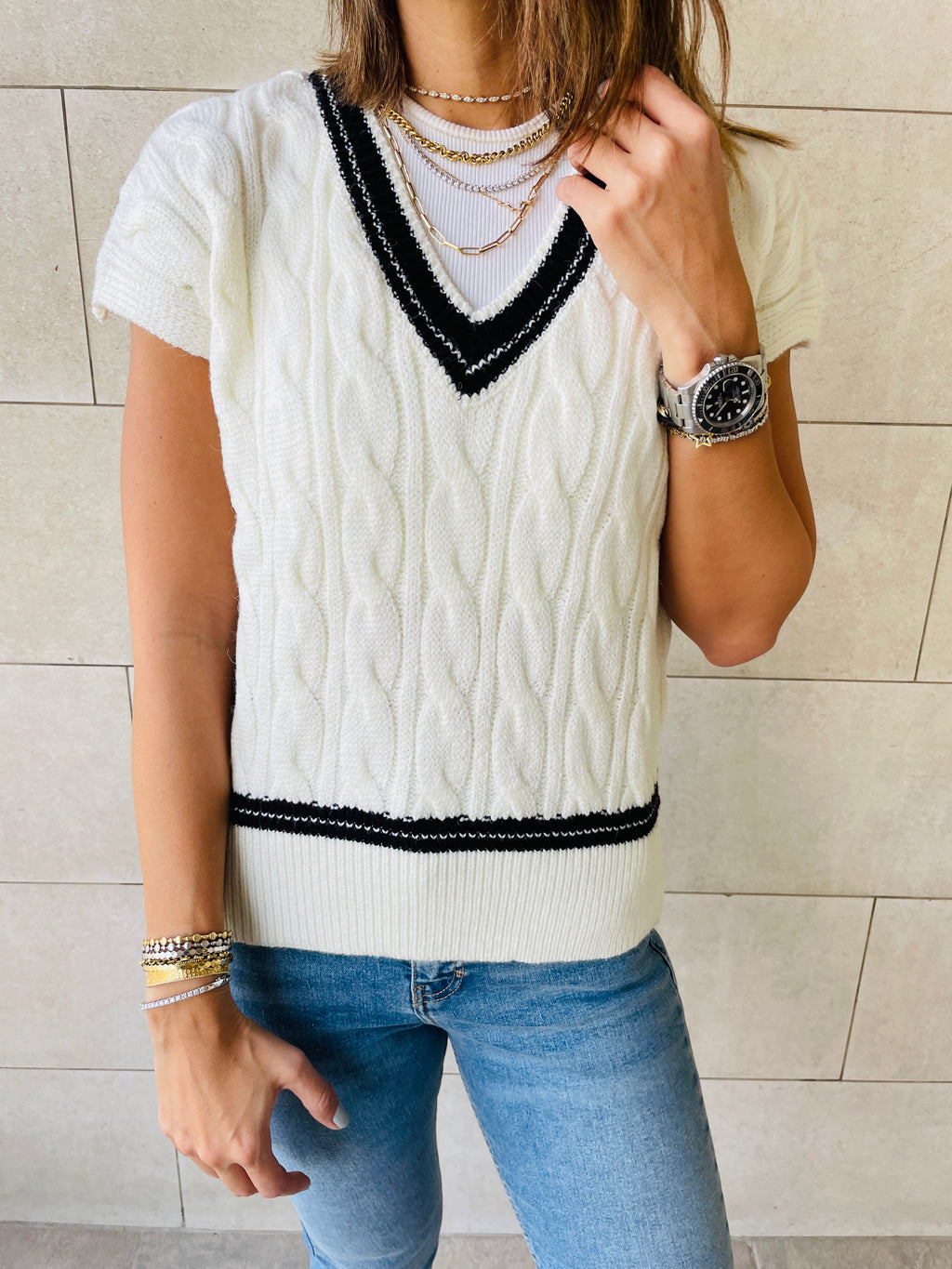 White Preppy V Knit Vest