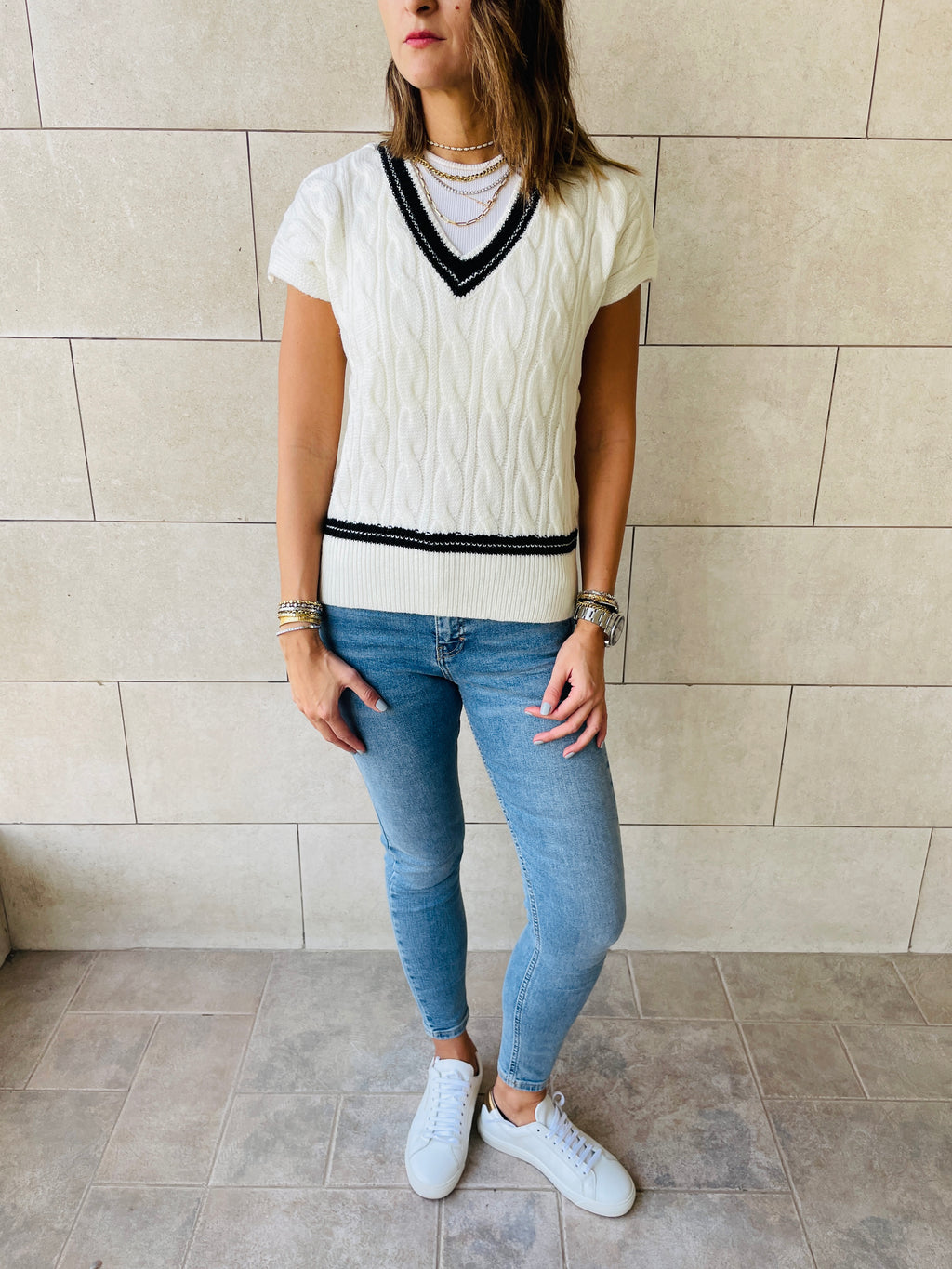 White Preppy V Knit Vest